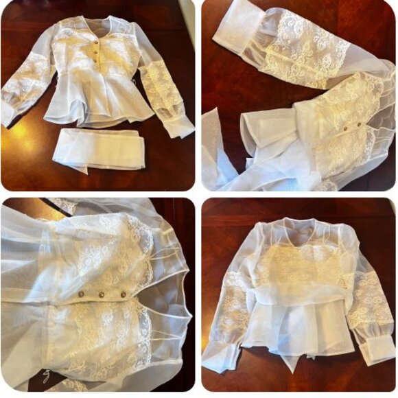 Sheer White Lace Button-Front Top Belted Waist & Long Sleeves Alex Evenings - Picture 3 of 15